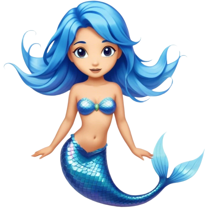 Cinematic Realistic Blue Hair Mermaid Portrait, depicted with lifelike, sun-kissed tanned skin that exudes a warm, radiant glow under gentle underwater lighting. Her intricately detailed, flowing blue hair cascades like a waterfall of ocean hues, framing deep, mesmerizing eyes that capture the vibrant spirit of the sea. Adorned with a shimmering tail and delicate tropical accents, the portrait features an enchanting underwater glow that blends realism with mythic coastal allure. emoji