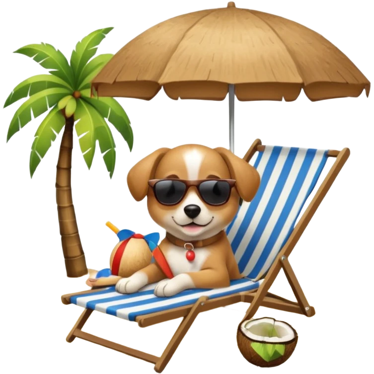 a dog laied on a beach chair, a sunny beach, a sun umbrella, and beach coconut trees. the icon should capture the essence of a relaxing beach vacation with a carefree atmosphere emoji