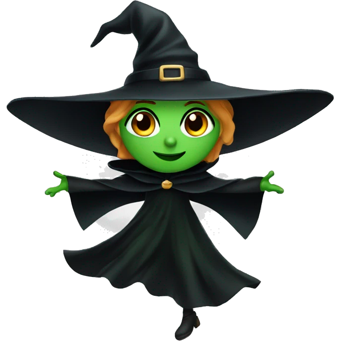 Flying green witch with black cape emoji