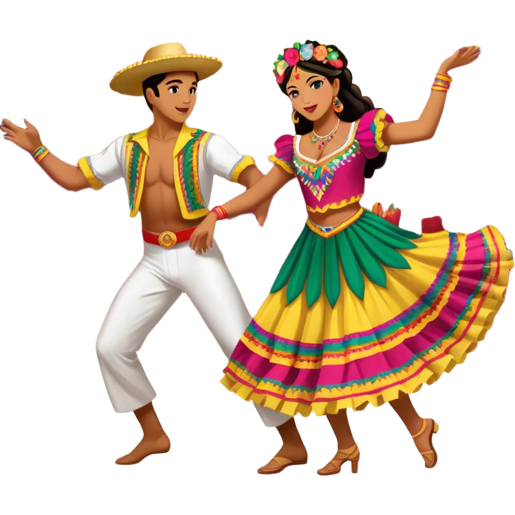 Cinematic Realistic scene of two dancers performing Cumbia, adorned in colorful traditional Colombian costumes with intricate details, captured in rhythmic motion with lively, festive lighting emoji