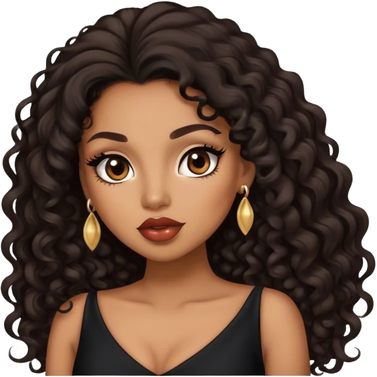 light brown skin tone, very beautiful woman, with big plump lips, long long lashes, black curly long hair, brown eyes, black dress emoji
