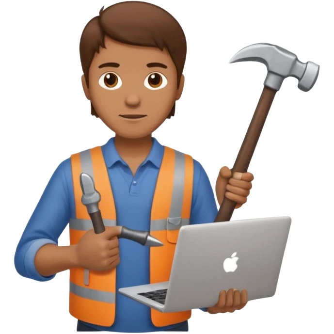 Brown haired man holding a laptop computer in one hand and a hammer in the other hand  emoji