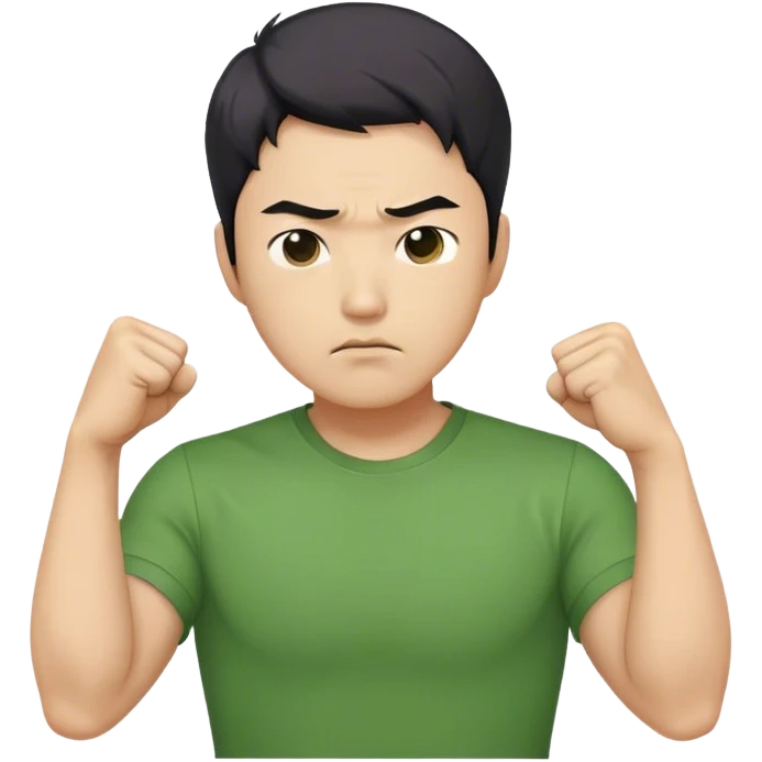 A determined Korean man in a green shirt, clenching his fist with a confident expression. Emoji-style digital illustration emoji