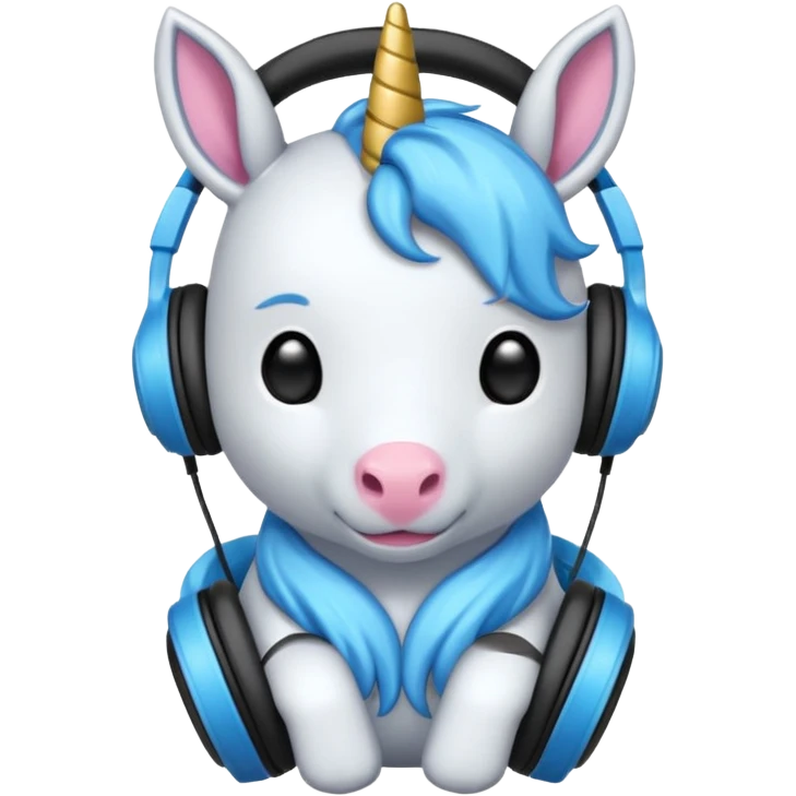 Unicornio bebé azul sentado escuchando música con auriculares negros emoji