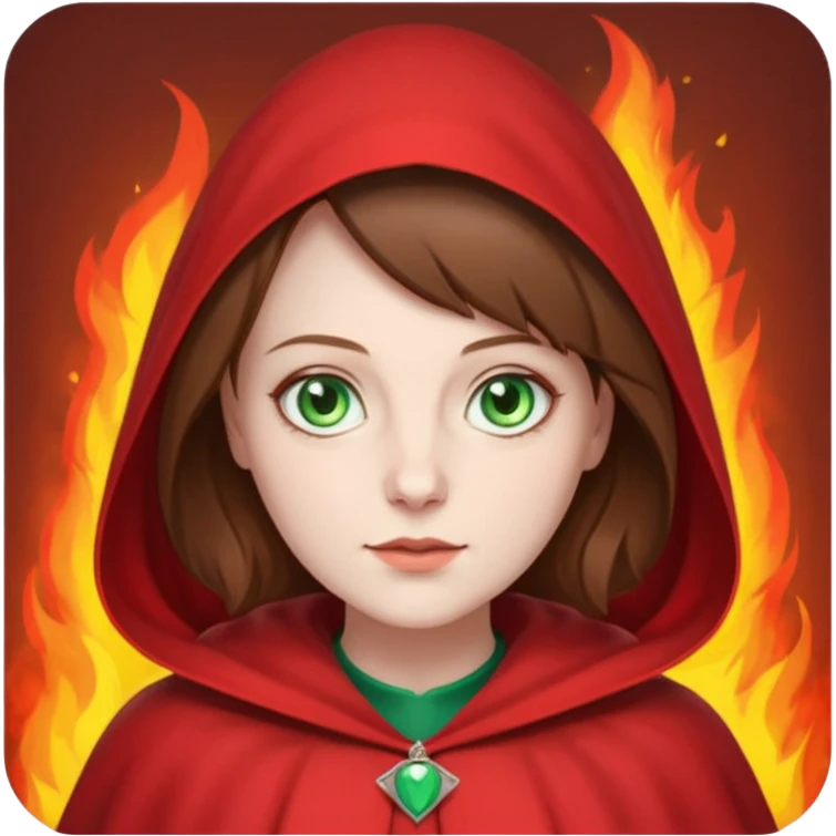 Handmaid woman with brown hair and green eyes. Only head. Background fire emoji