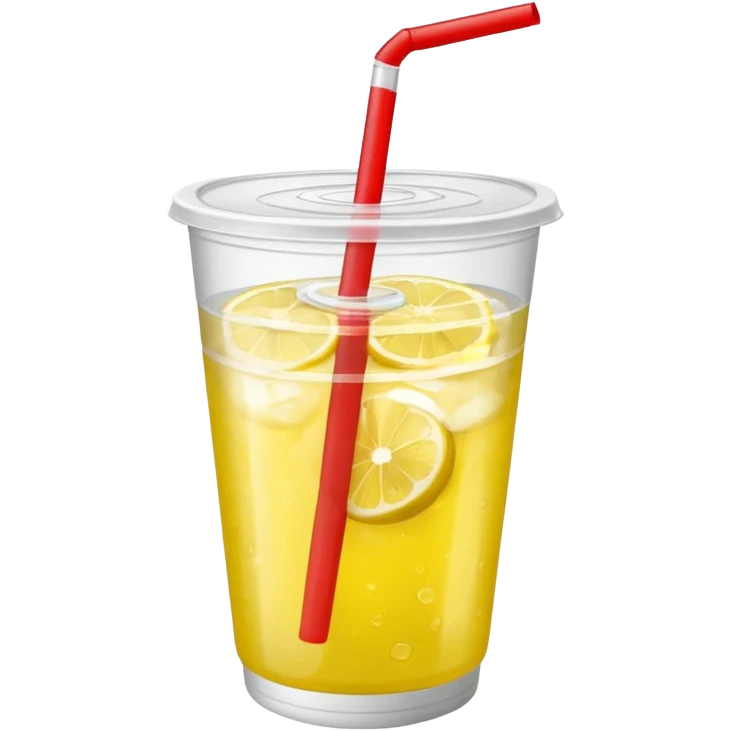 lemonade in a plastic cup without a lid and straw. the cup has a red label wrapped around emoji