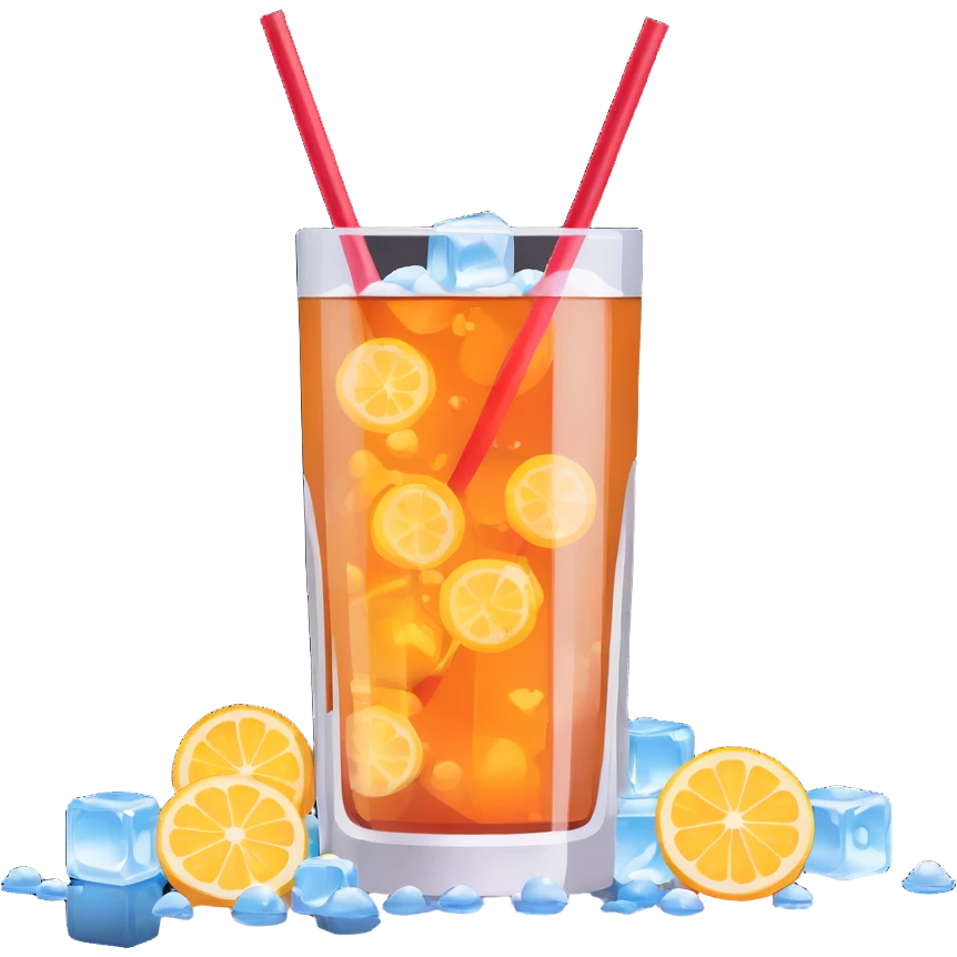 hyper-realistic 3D illustration of a glass of soda with ice cubes and a straw, showing clear reflections and bubbles emoji