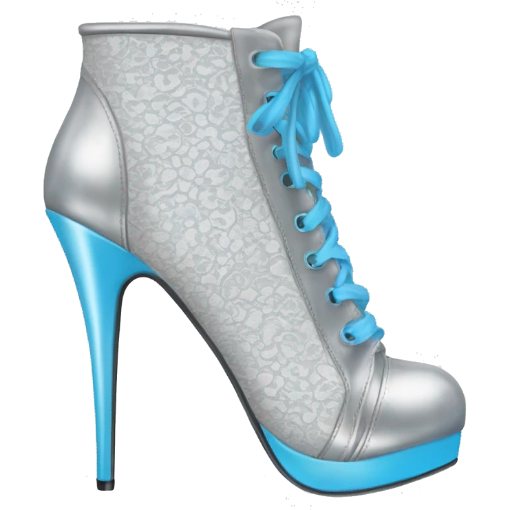 Realistic isolated pair of silver to white ombre high heel bootie boots shoes with sky blue lace. emoji