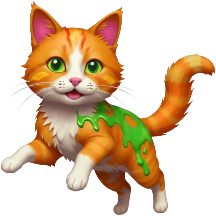 Chat roux qui saute dans la peinture emoji