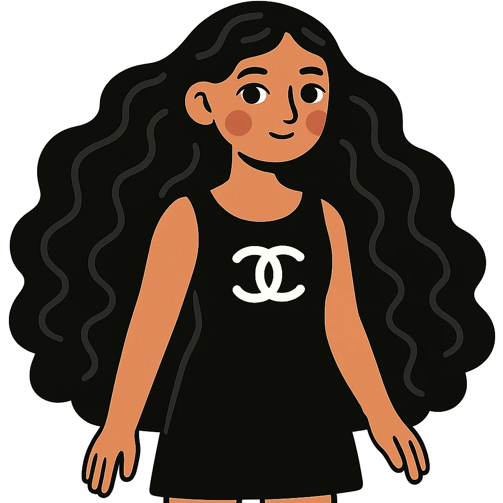 light skin girl with very long black curly hair, brown eyes, black Chanel dress emoji