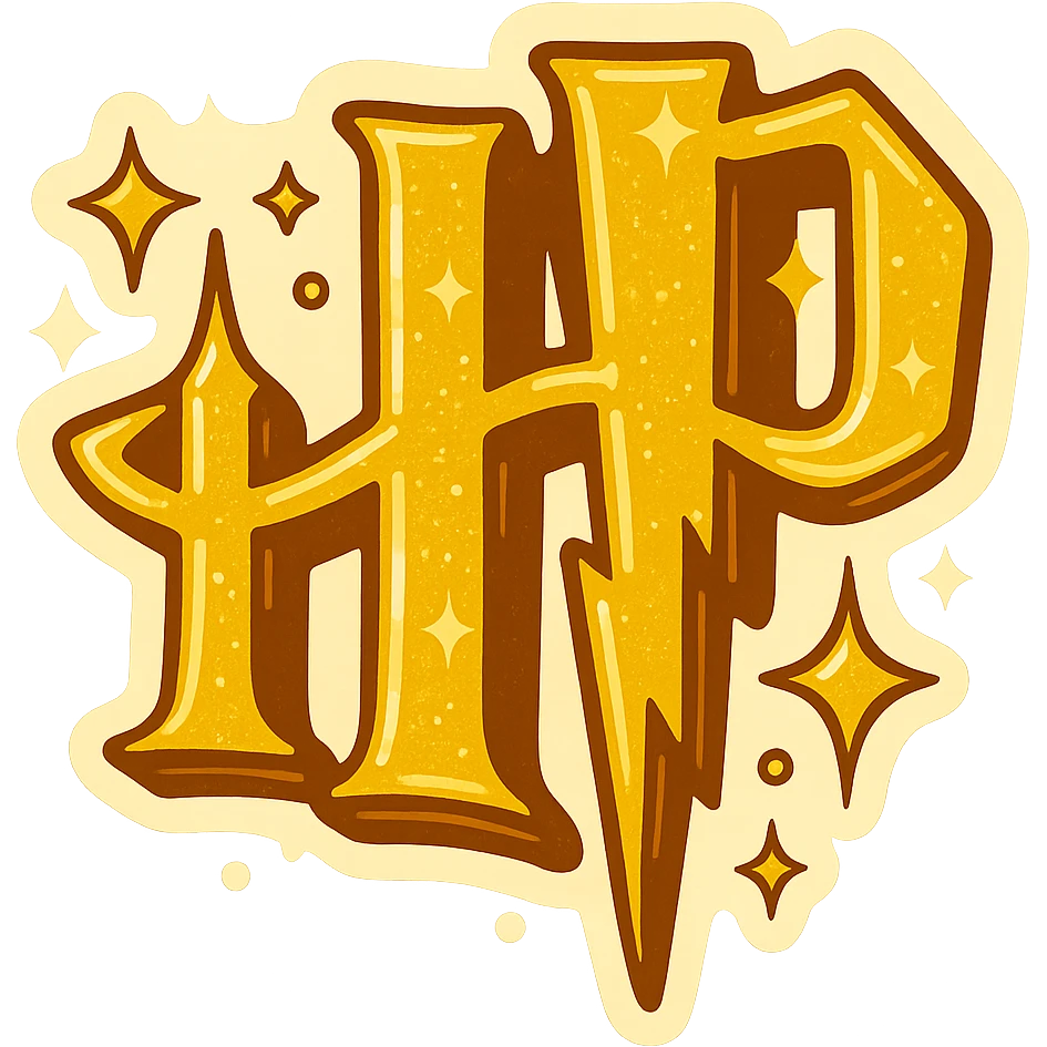 Create a logo in yellow color based on the reference image. Add magic or stars to create a magical Harry Potter atmosphere. Use no gradient, only clear color transitions with sharply and graphically drawn shadows and highlights. No outline. Style: retro sticker. emoji