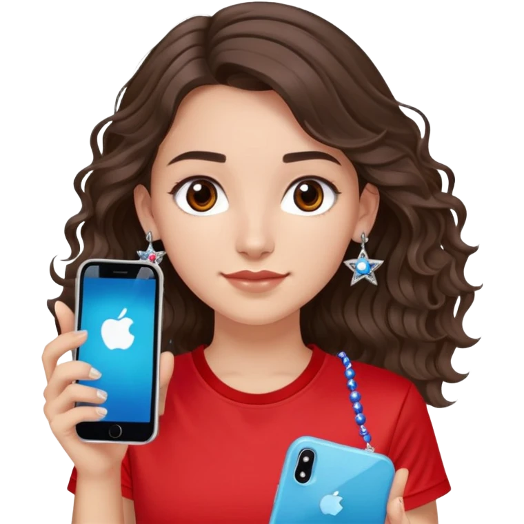 brunette girl with wavy medium length hair, brown eyes, light/medium skin tone, holding iPhone and light phone, wearing red Adidas t-shirt, small silver hoop earrings with blue gem stars, and a different colorful beaded charm necklace emoji