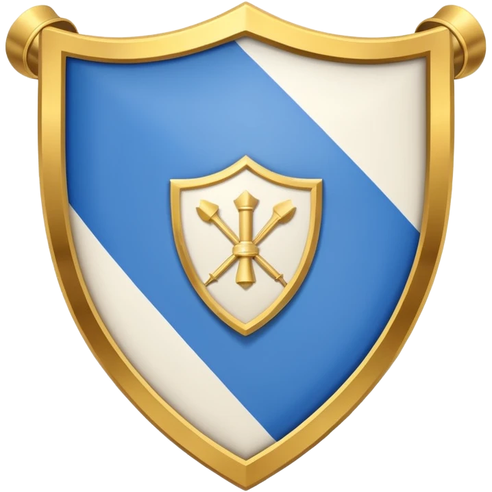 Hazme la bandera blanca con una franja azul de punta izquierda arriba a punta derecha abajo con un escudo en medio de la bandera de colores dorados emoji