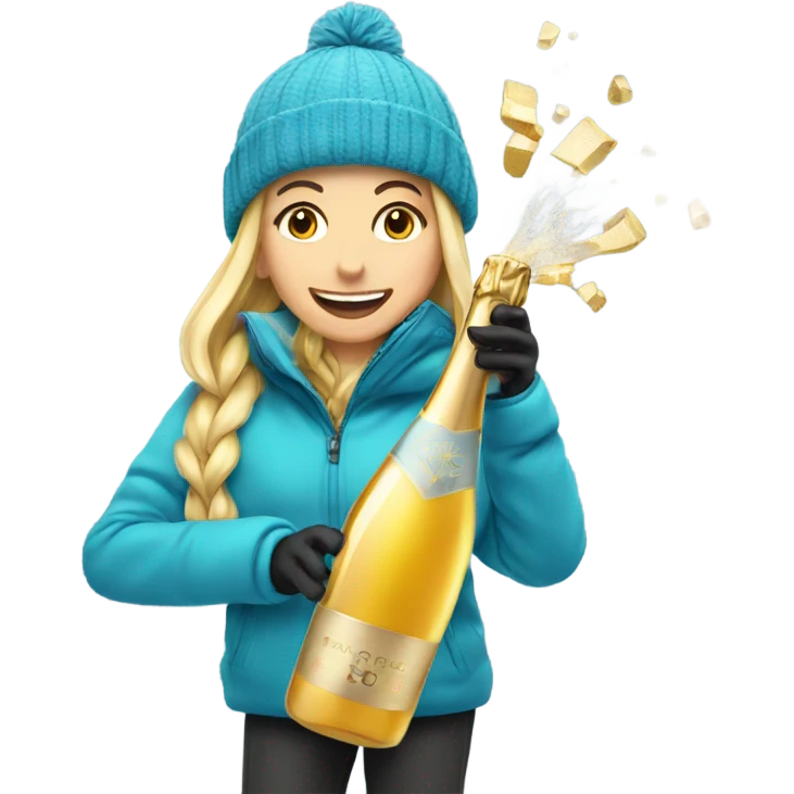 Girl popping champagne with a ski emoji