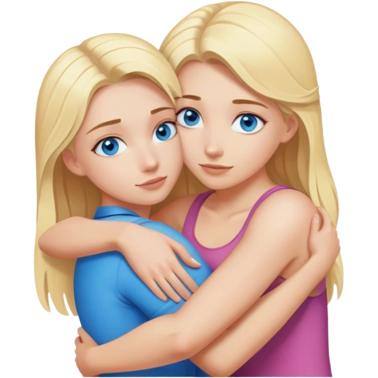 Cinematic realistic blonde with blue eyes hugs another blonde girl from behind emoji
