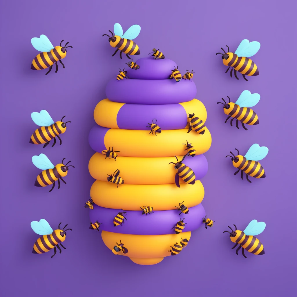 a purple beehive, surrounded by five purple honeybees, playful and vibrant, no text emoji