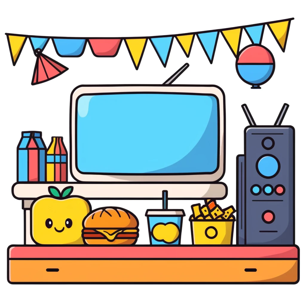 TV party with multiple characters, snacks, and decorations emoji