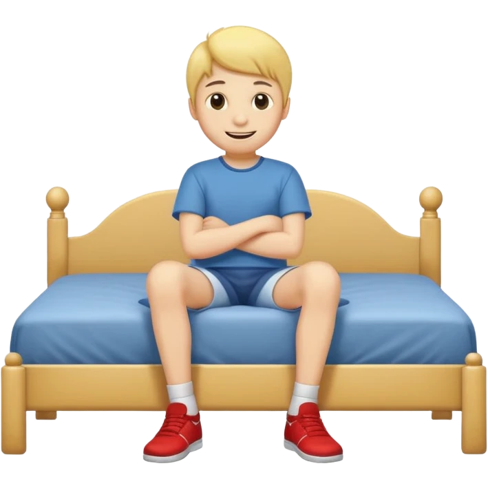 emoji- of a smiley boy sitting at the edge of the bed with legs on the floor emoji