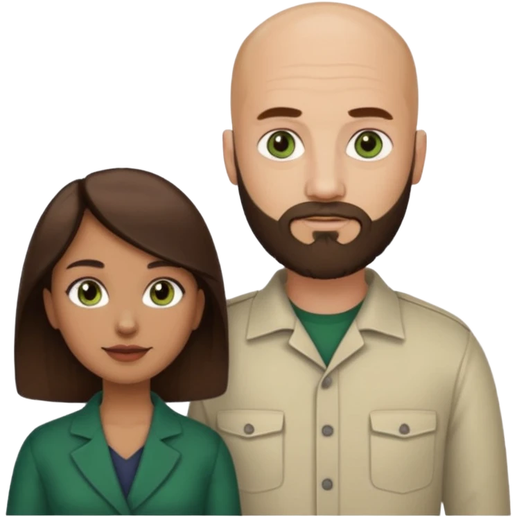 Man beard bald white dark green eyes, woman medium hair brown brown eyes latina  emoji