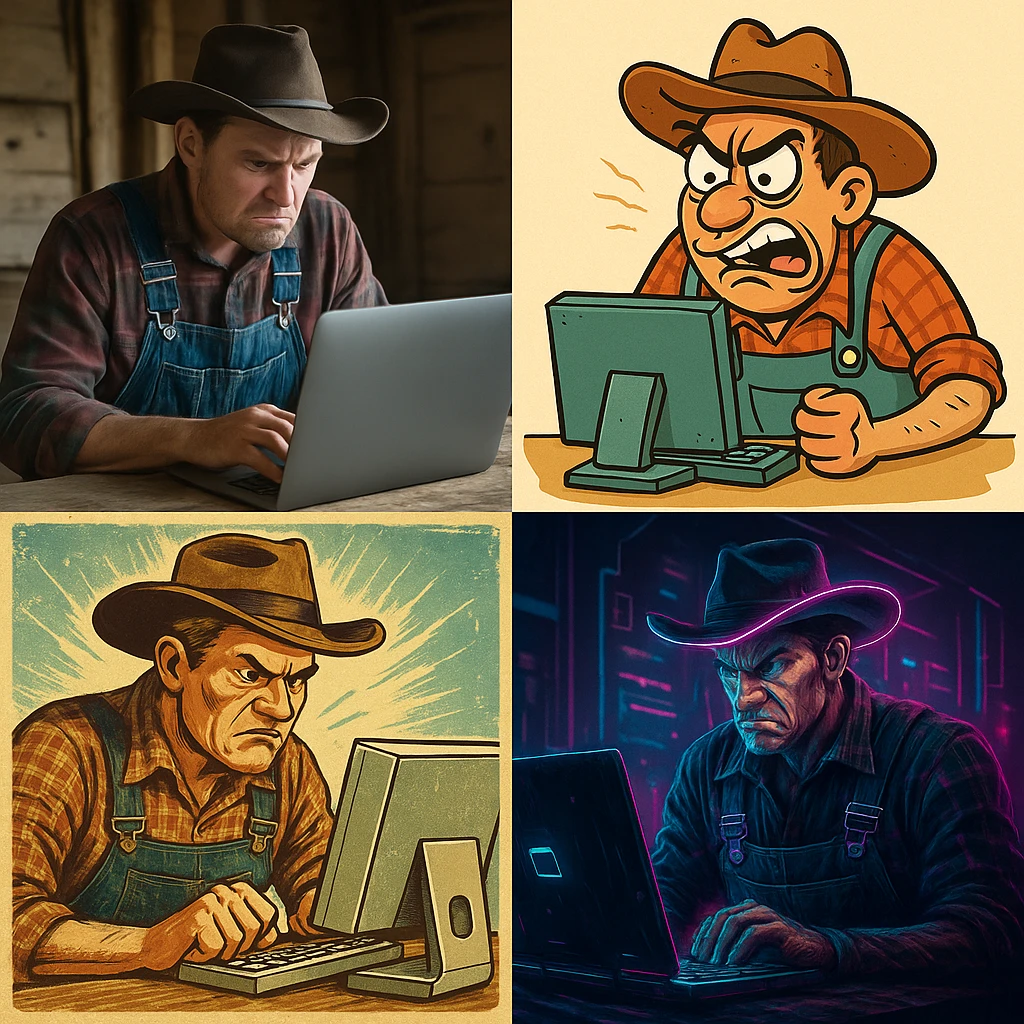 A farmer intensely using a computer, looking frustrated, in four different visual styles emoji