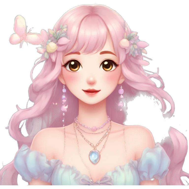 Gorgeous pastel anime style lady with blushing face and fairy dress necklace cottagecore fairycore pastelcore colorful pearly romantic simplistic aesthetic trending style emoji