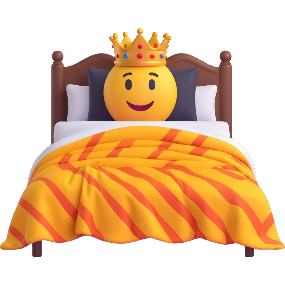 foot of the bed view of a king bed with a person completely hidden under a blanket, only the blanket visible, 3D emoji style emoji