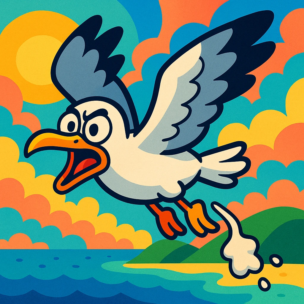a seagull flying while pooping, cartoon style, expressive face, colorful background emoji