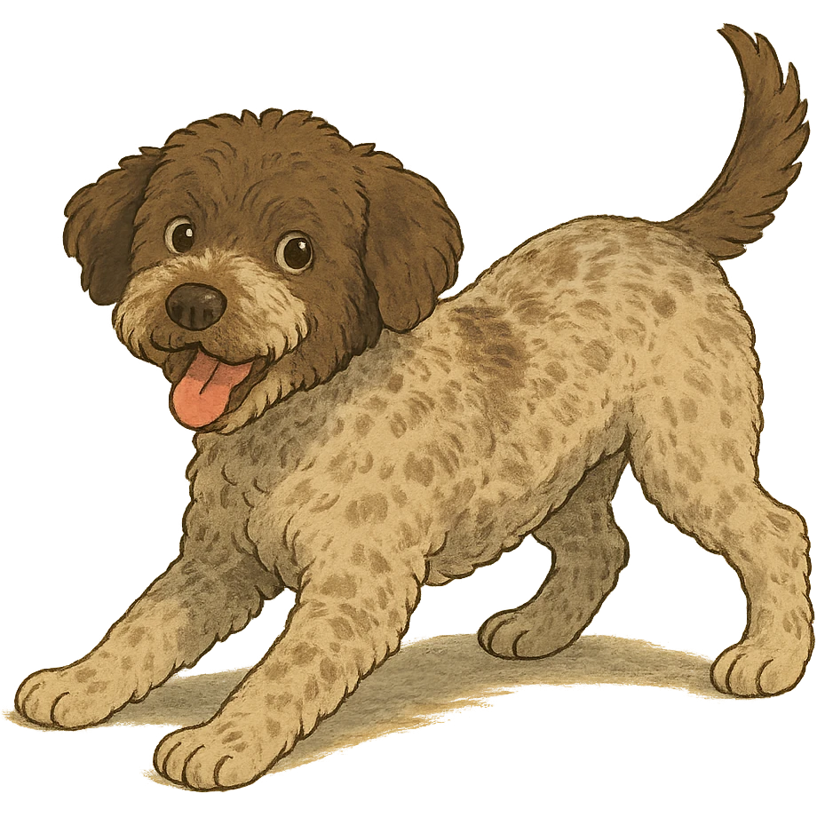 playful pose Lagotto Romagnolo dog, roan coat, gentle lighting, ghibli style emoji