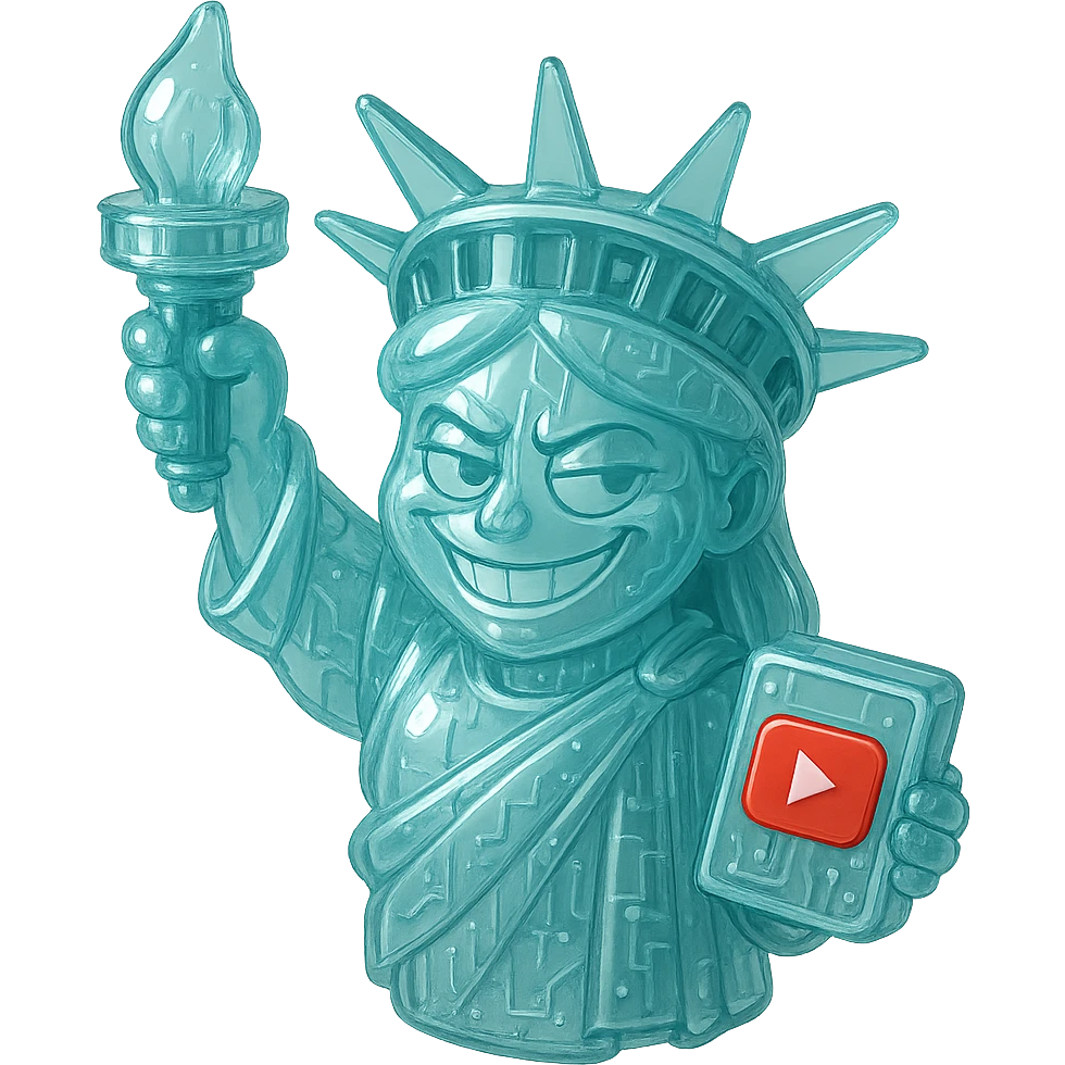 Statue of Liberty  with a playful sarcastic grin, red YouTube play button, glossy circuit style emoji