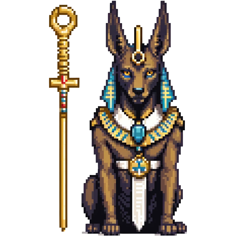 Egyptian god Anubis with black jackal head, gold collar, Egyptian headdress, holding ankh symbol emoji