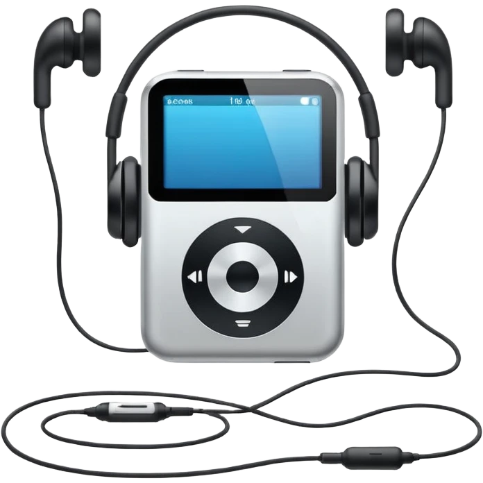 Futuristic iPod emoji with earphones, metallic black and white, smooth reflective surfaces, flat minimal vector design, clean UI style emoji