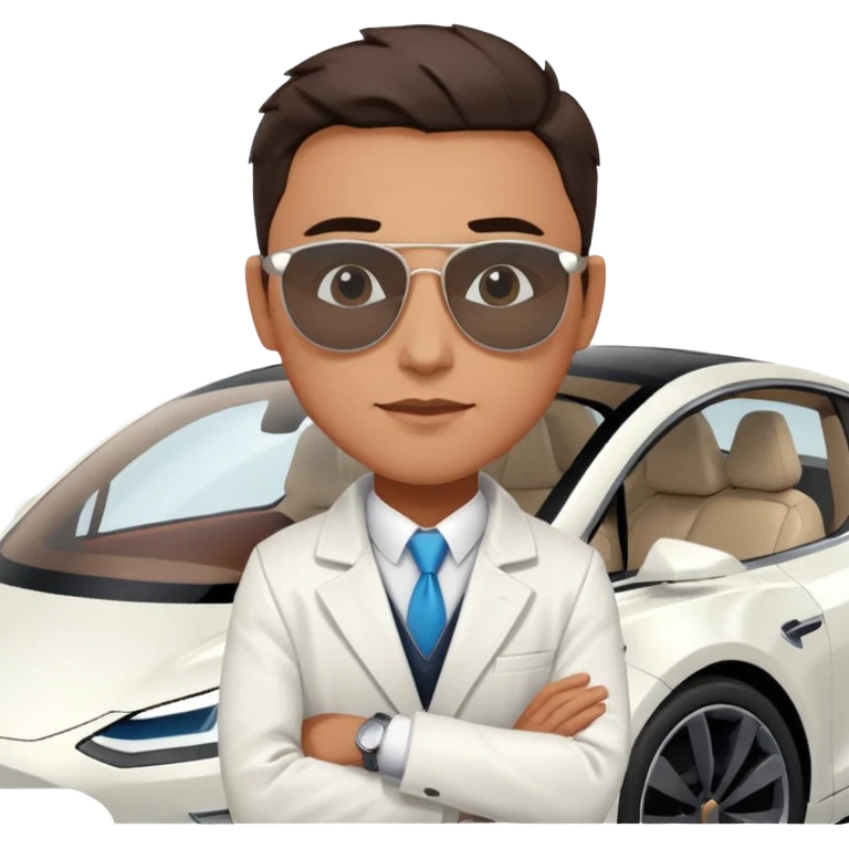 White tesla model 3 with a cool physician with sunglasses next to it emoji