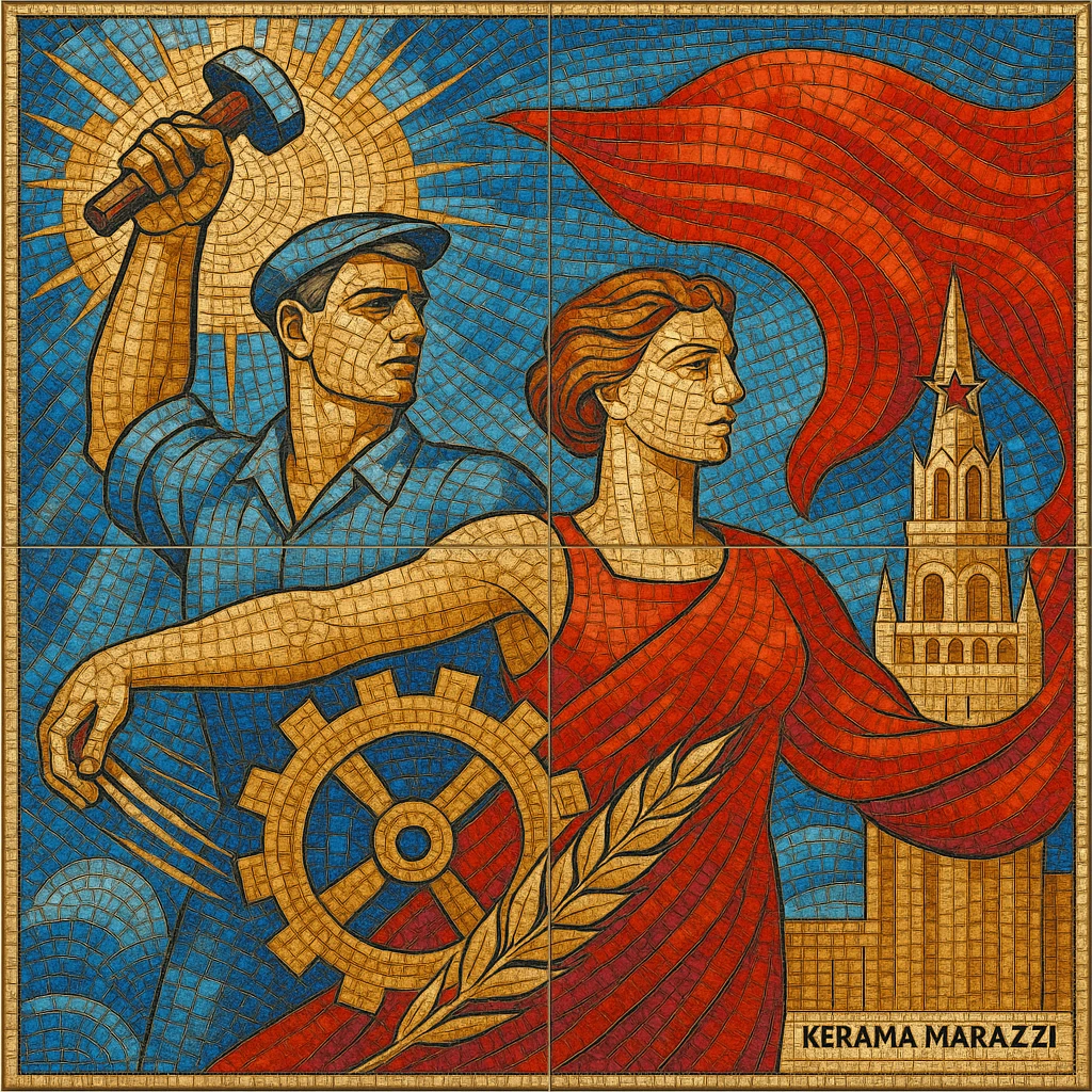 Soviet mosaic artwork reimagined as a modern Kerama Marazzi tile, detailed and colorful emoji