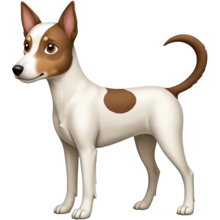 a full body large white floppy eared parson russell looking dog the size of a kelpie with light brown ears and a light brown patch on one eye and a large snout emoji