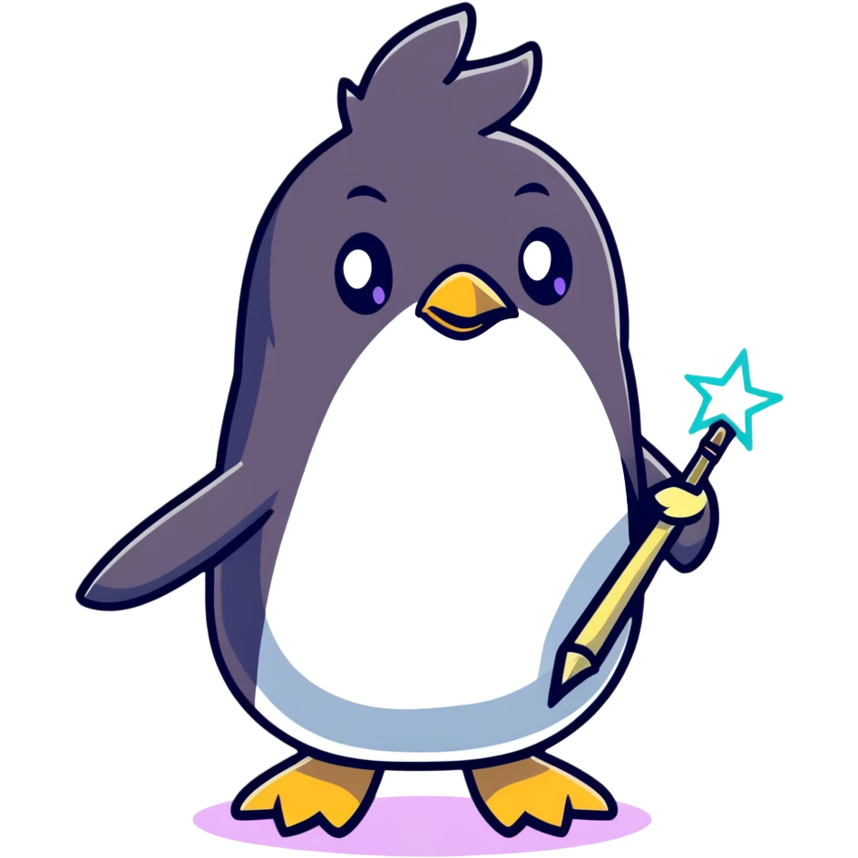 penguin casting magical spells with sparkling wand emoji