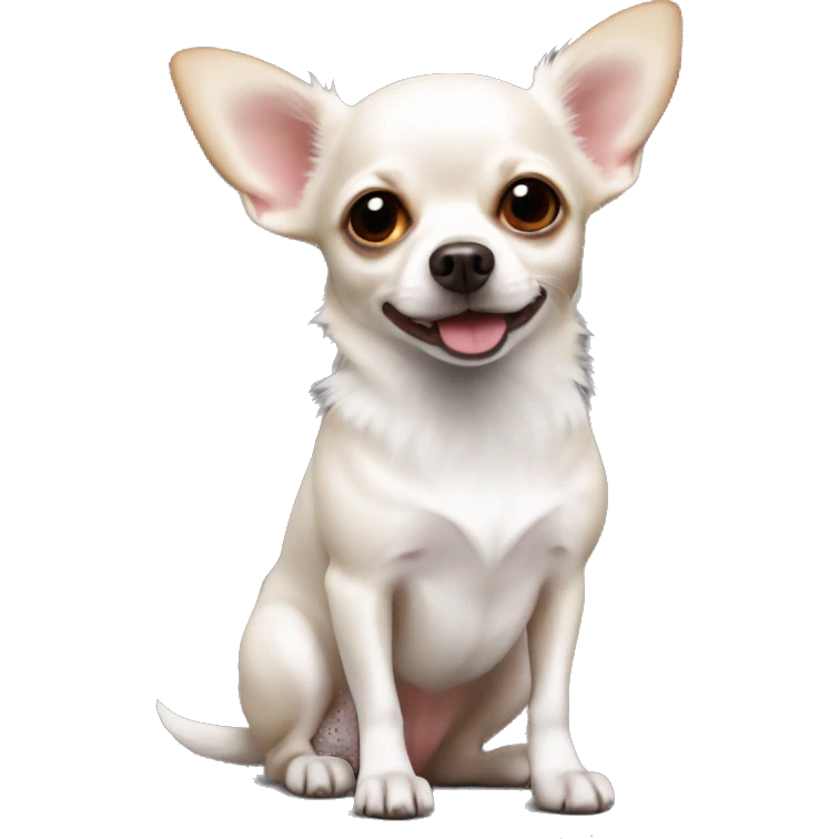 A small white dog is a Chihuahua breed with red mints on its body and red ears emoji
