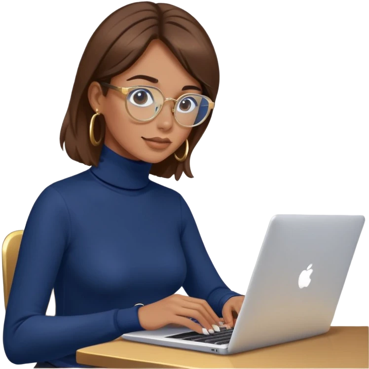 Woman with brown hair wearing navy blue turtleneck, gold hoops and blue screen glasses typing on laptop emoji