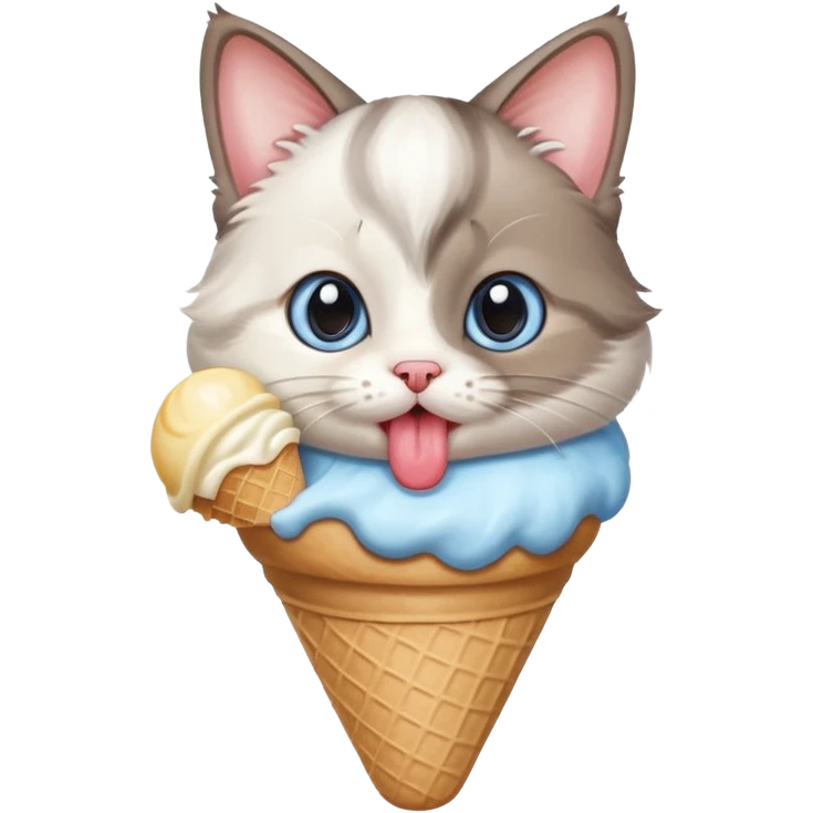 Munchkin Cat with blue-grey eyes licking a Vanilla Ice Cream Cone. emoji