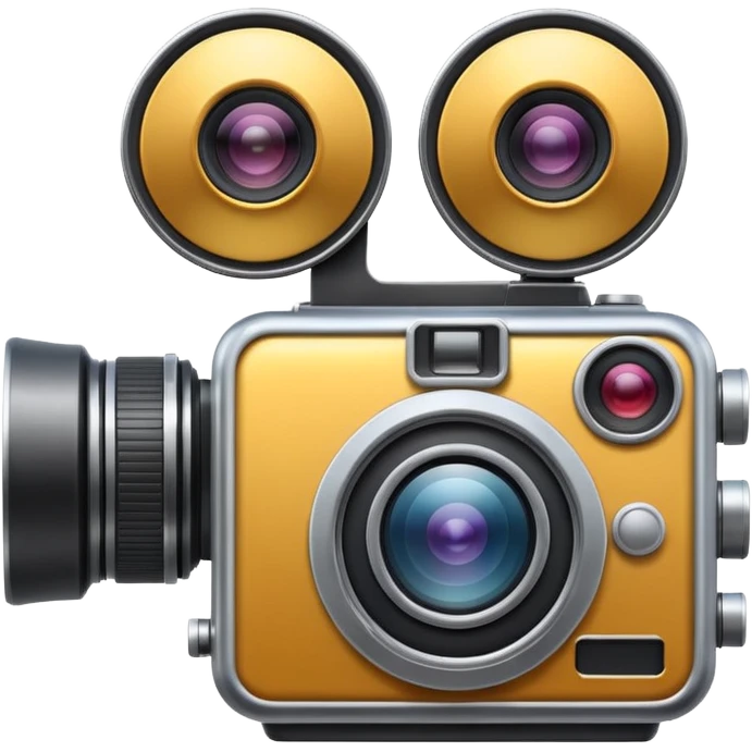 Minimal emoji icon of a huge cinematic metalic camera, front view, simple shapes, realistic lens,  emoji