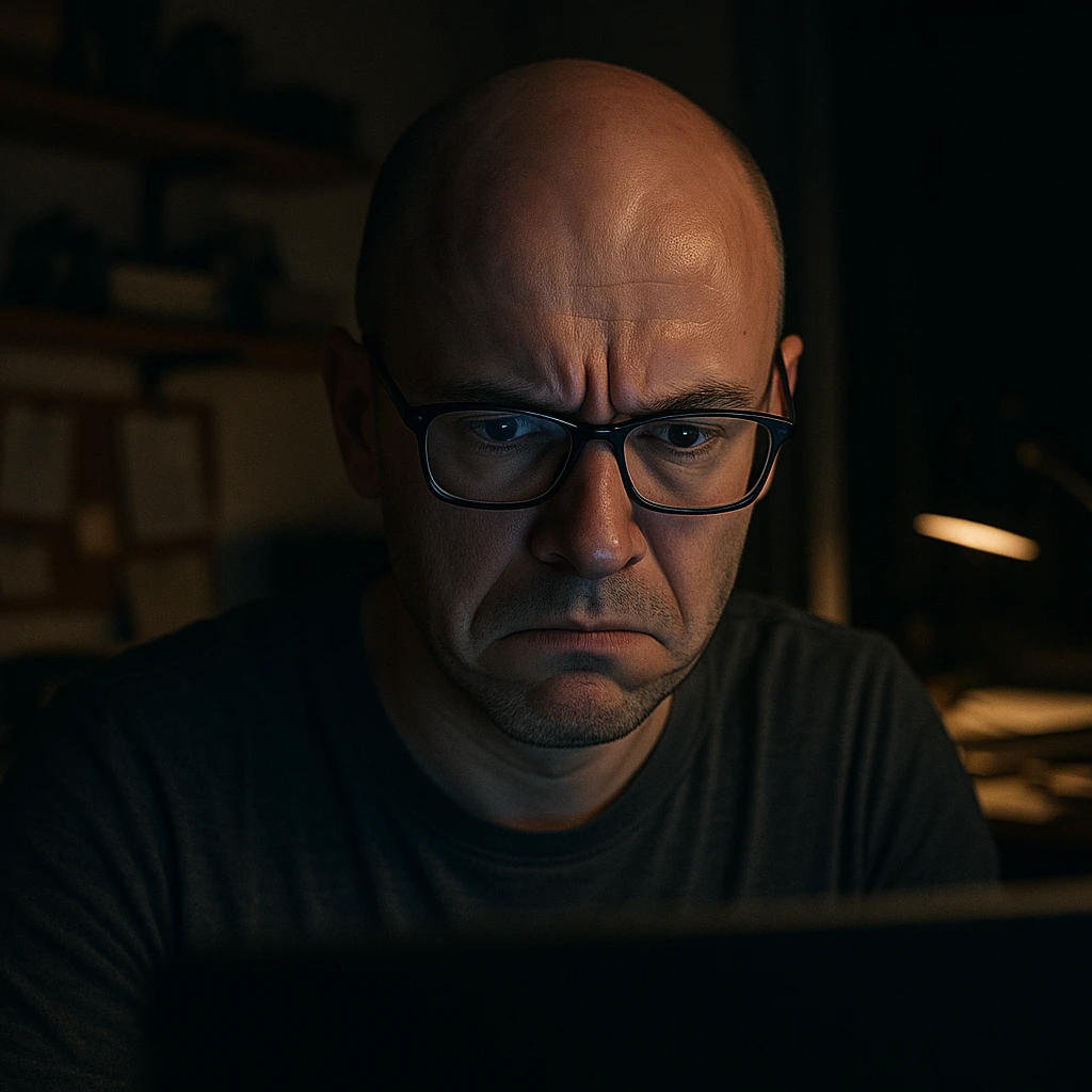 bald programmer with glasses, visibly stressed but very focused, working late night from home office, close-up on concentrated face illuminated by monitor light, messy background emoji