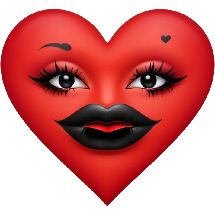 A solid red gradient heart, with three black lipstick kiss marks of different angles printed on it, retro matte texture, high contrast, clean edges, sticker style, romantic and sexy vibe, minimalist 2D illustration, no background
 emoji