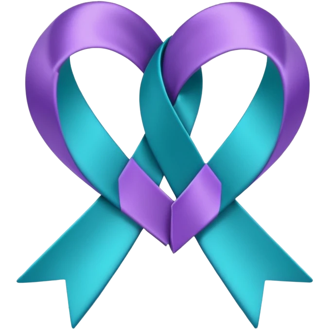 Half of a 3d rendering purple awareness ribbon,  half 3D rendering teal awareness ribbon, that connect together at the top and at the bottom to form a heart shape, 4k, no emoji icons, no emoji faces, must have a transparent background  emoji