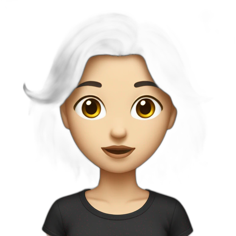 Une fille blanche au chexveux noir et long avec un t-shirt de chat emoji