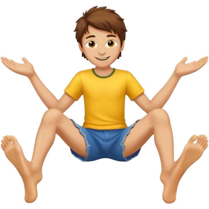 barefooted boy with messy brown hair and yellow skin spreading his legs emoji