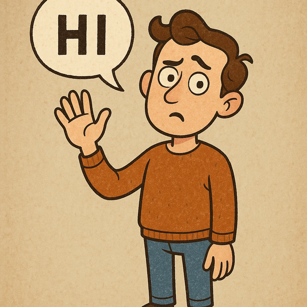 Edit the character to wave with an open hand, add a speech bubble saying 'HI', and adjust his expression and body language to look questioning with a raised eyebrow and tilted head. Keep the original style and background as in the reference image. emoji