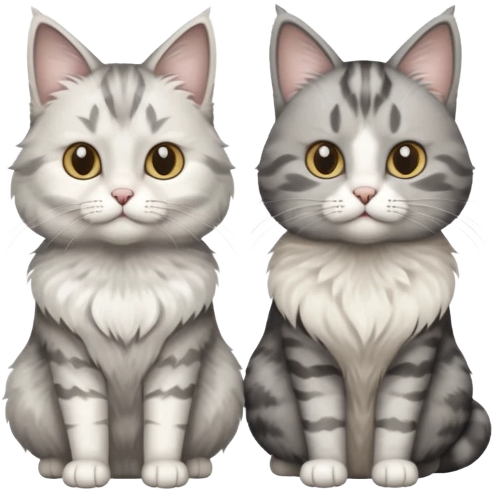 a very fluffy grey and white cat sitting next to another cat emoji