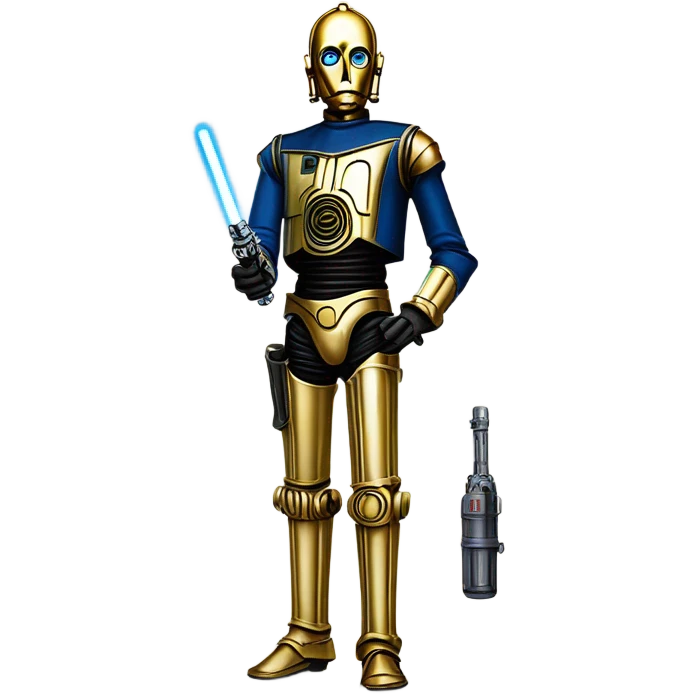 tarnished undercover tough well-equipped jedi first order life-sized darkblue-pearl C3po as a friendly bounty hunter droid wearing a leather clothing old west duster coat holding light saber emoji