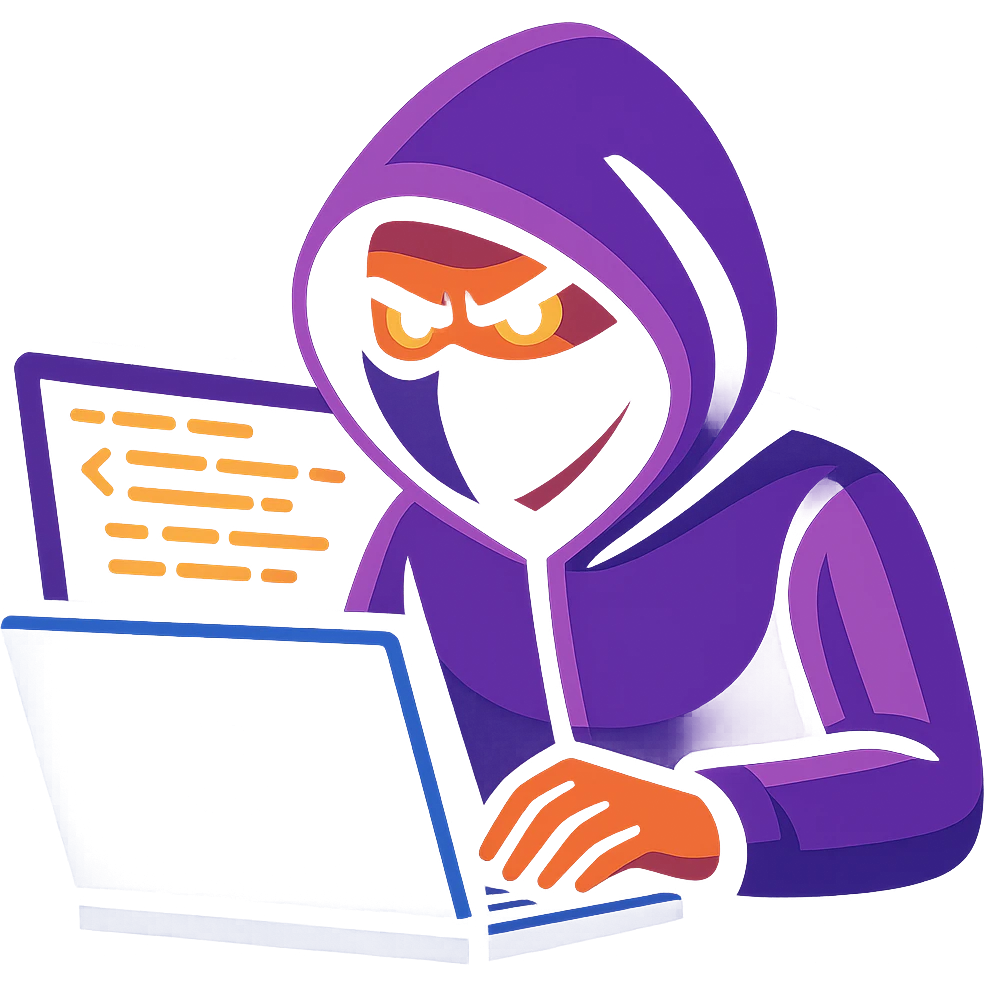 Show the purple-themed hacker actively coding on a laptop, with glowing code on the screen, keep the digital vibrant toon style emoji