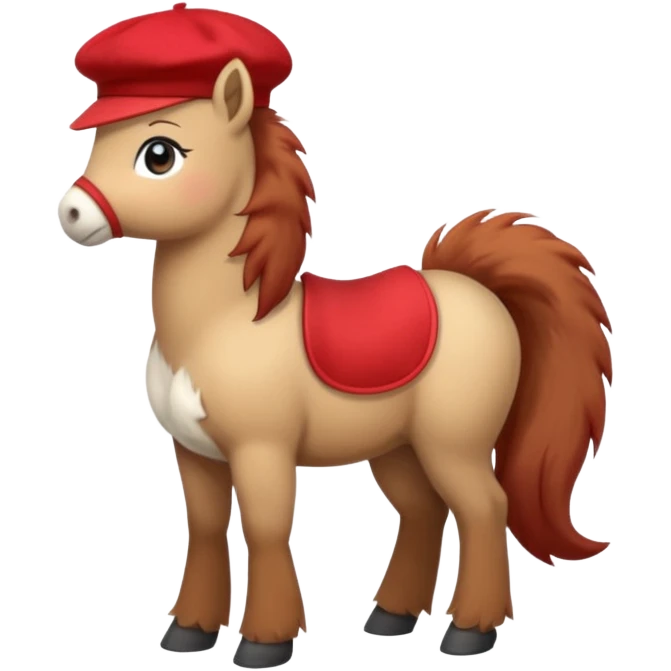 A cute pony (horse) emoji, full body, standing in side view, wearing a stylish red beret. emoji