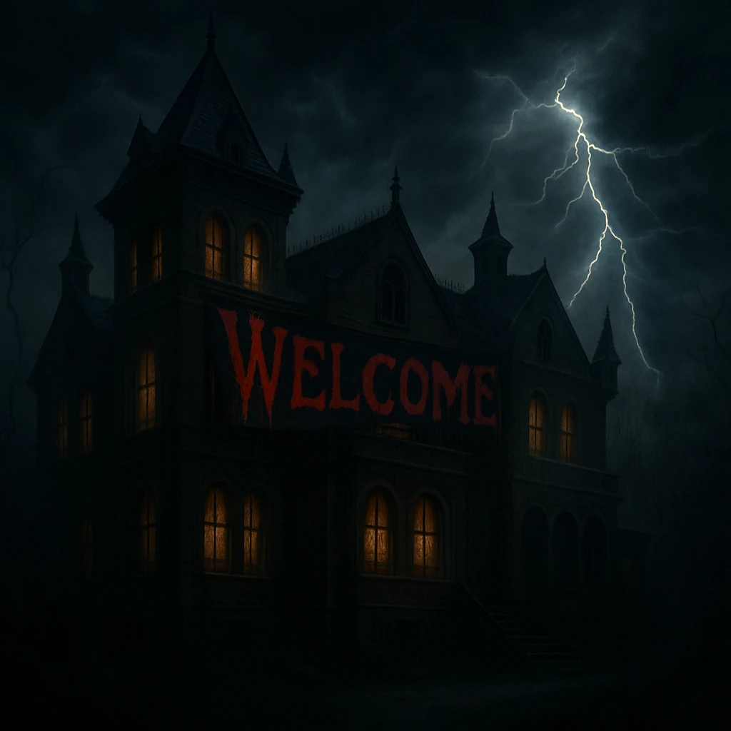 Add the word 'Welcome' in creepy, horror-themed text, integrated into the old mansion banner. The text should blend with the aged, haunted mansion look, evoking a spooky feeling. emoji
